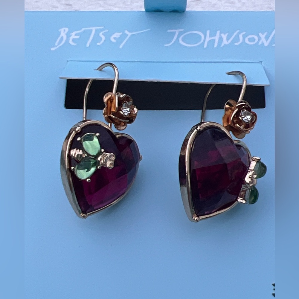 Betsey Johnson Gold Tone Pink Heart /flower /bee Drop Earrings Crystal NWT